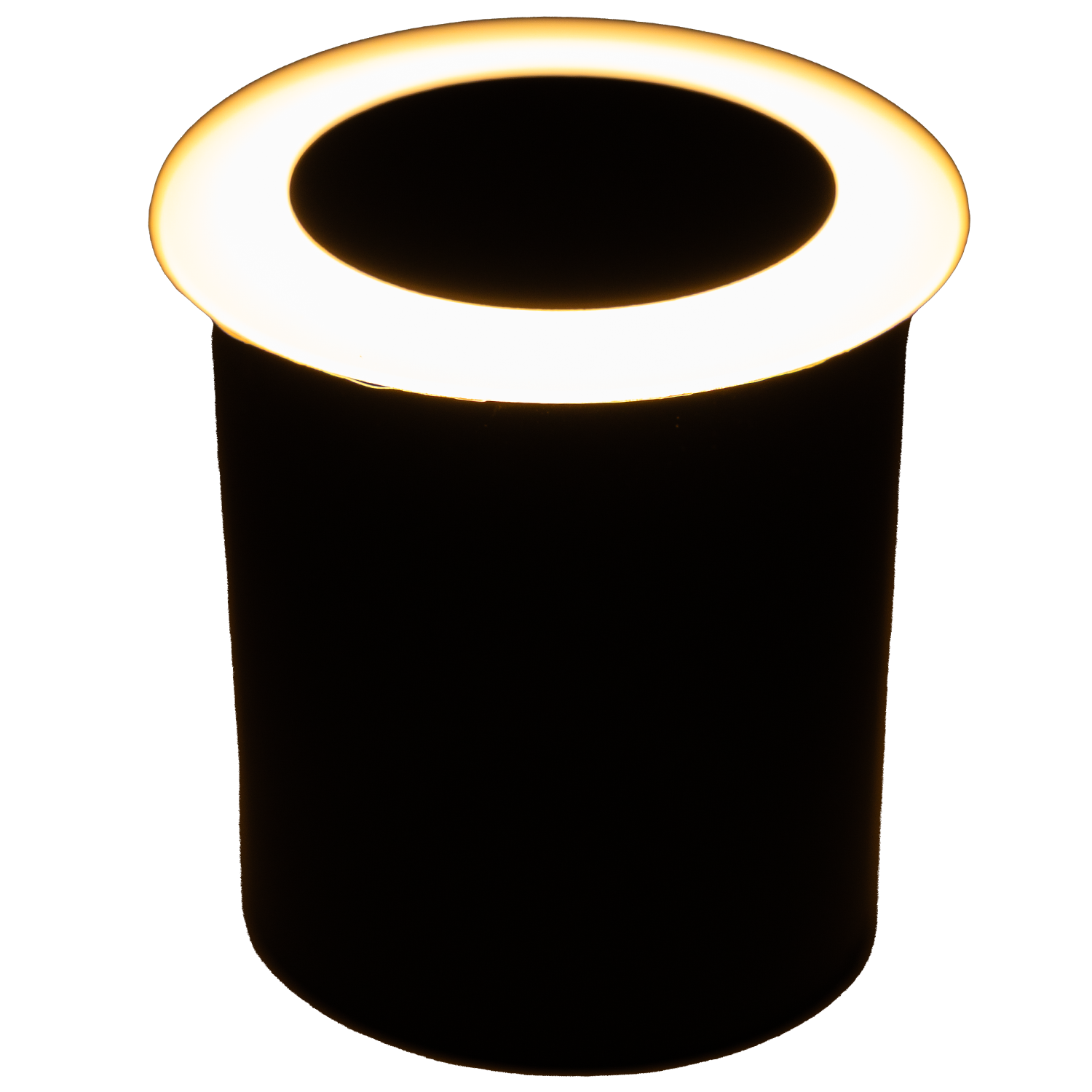 Black cylindrical light fixture with illuminated top on a white background