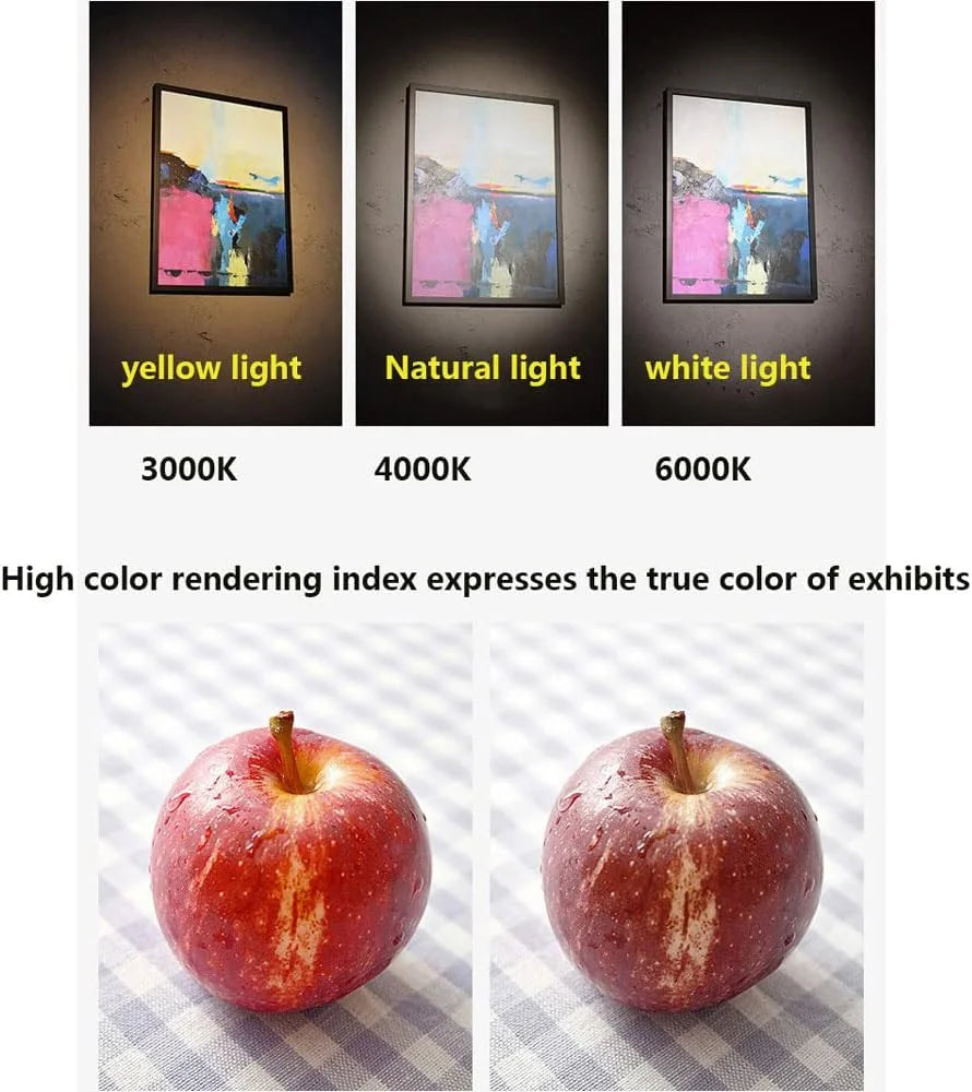Comparison of light sources on a display with apples shown in different lighting conditions.
