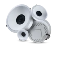 White electronic device with a circular design on a white background
