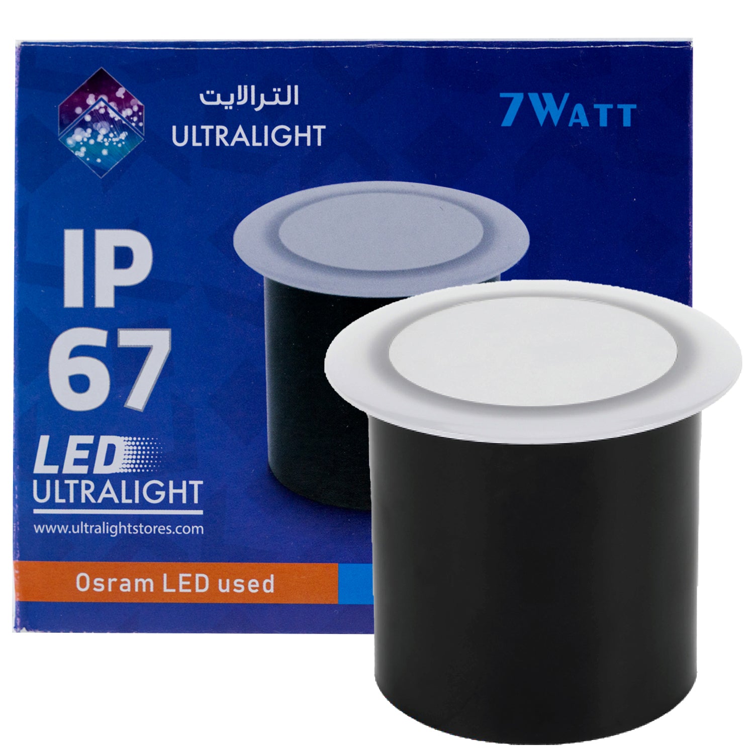 LED ultralight bulb packaging with 'IP 67' and '7Watt' text on a blue background.