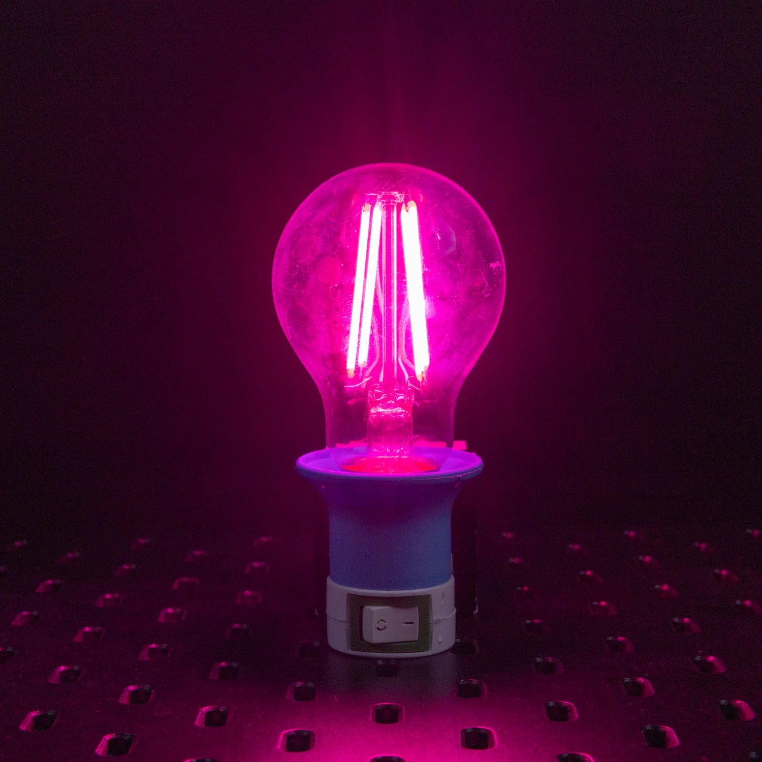 Pink LED light bulb on a dark background