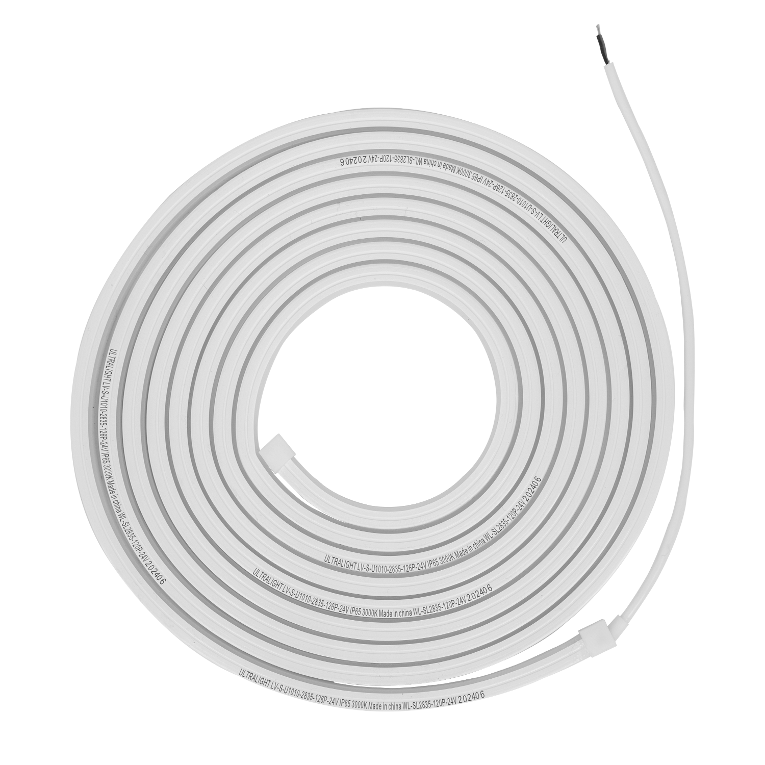 A flexible yellow LED strip light designed for outdoor use, displaying a warm light color temperature.