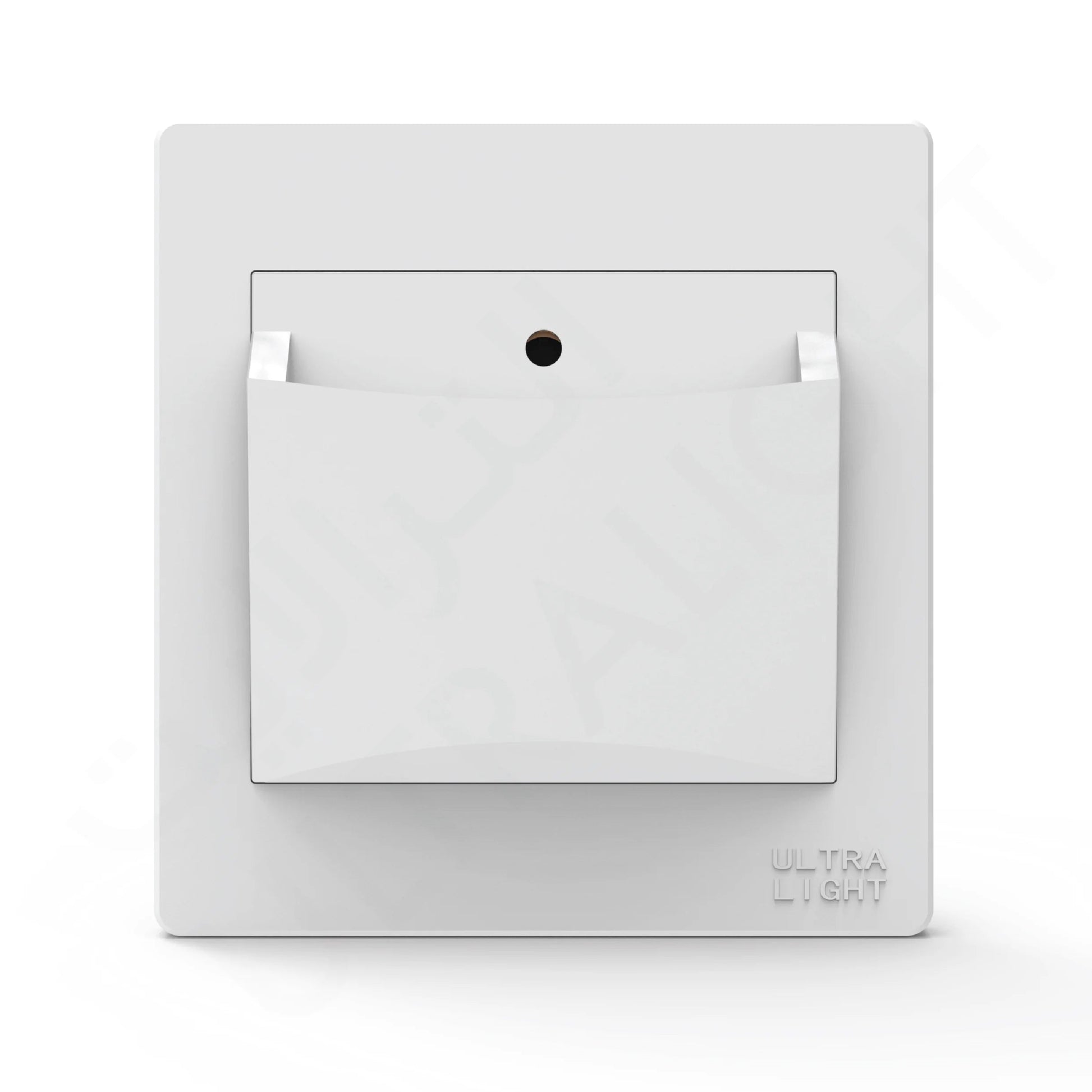 Light gray rectangular object with a small black circle and text on a white background