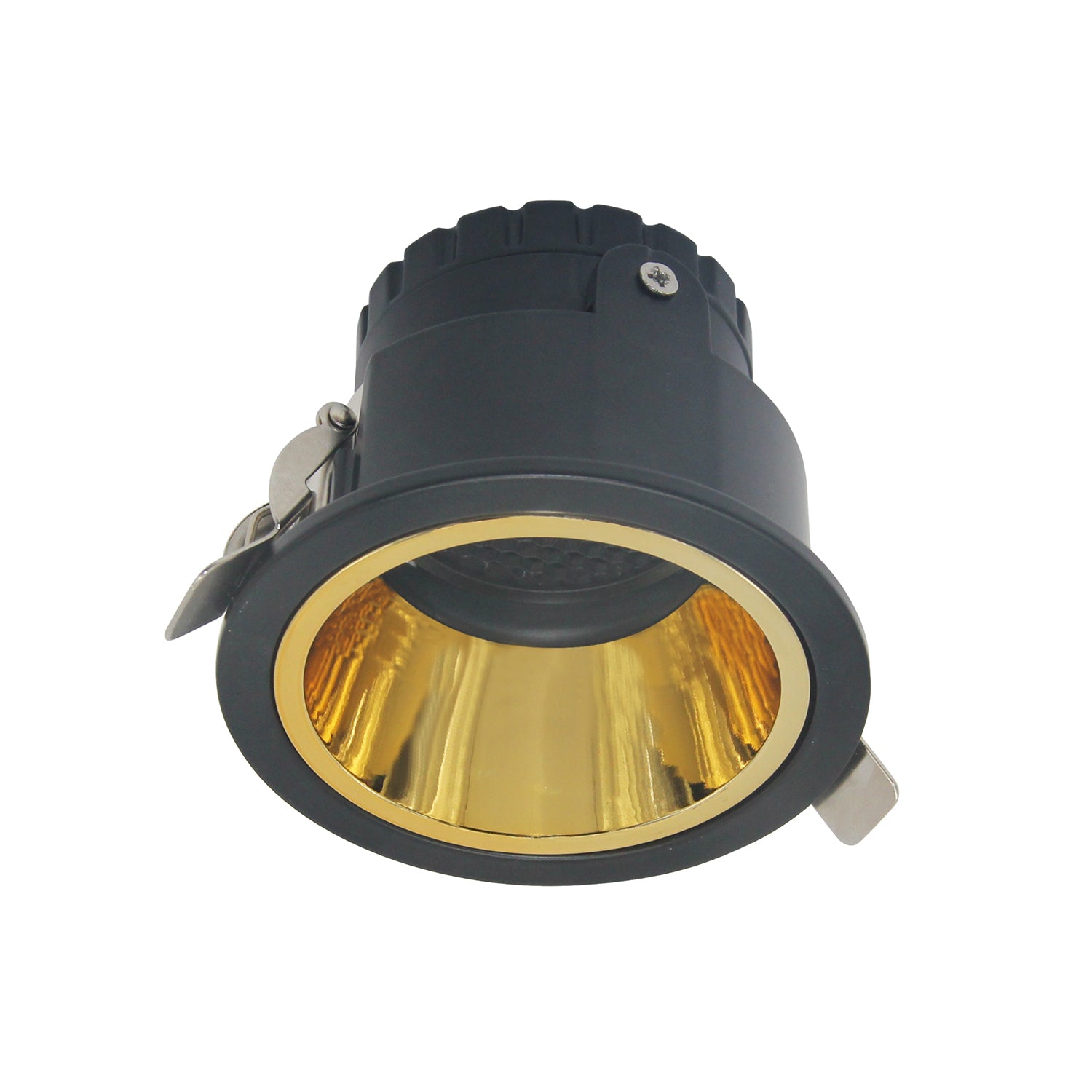 A white and gold anti-glare aluminum ceiling spotlight with a GU10 lamp base.