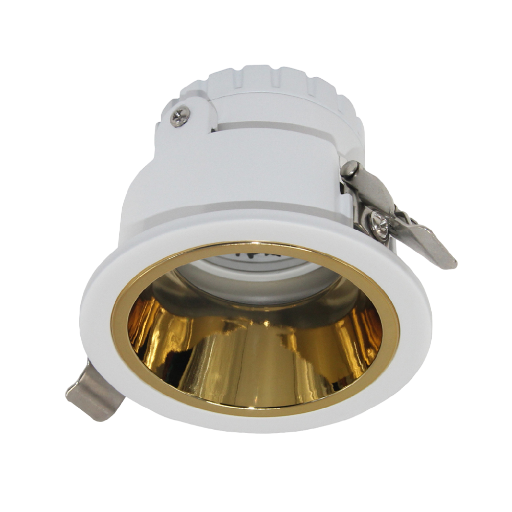 A white and gold anti-glare aluminum ceiling spotlight with a GU10 lamp base.