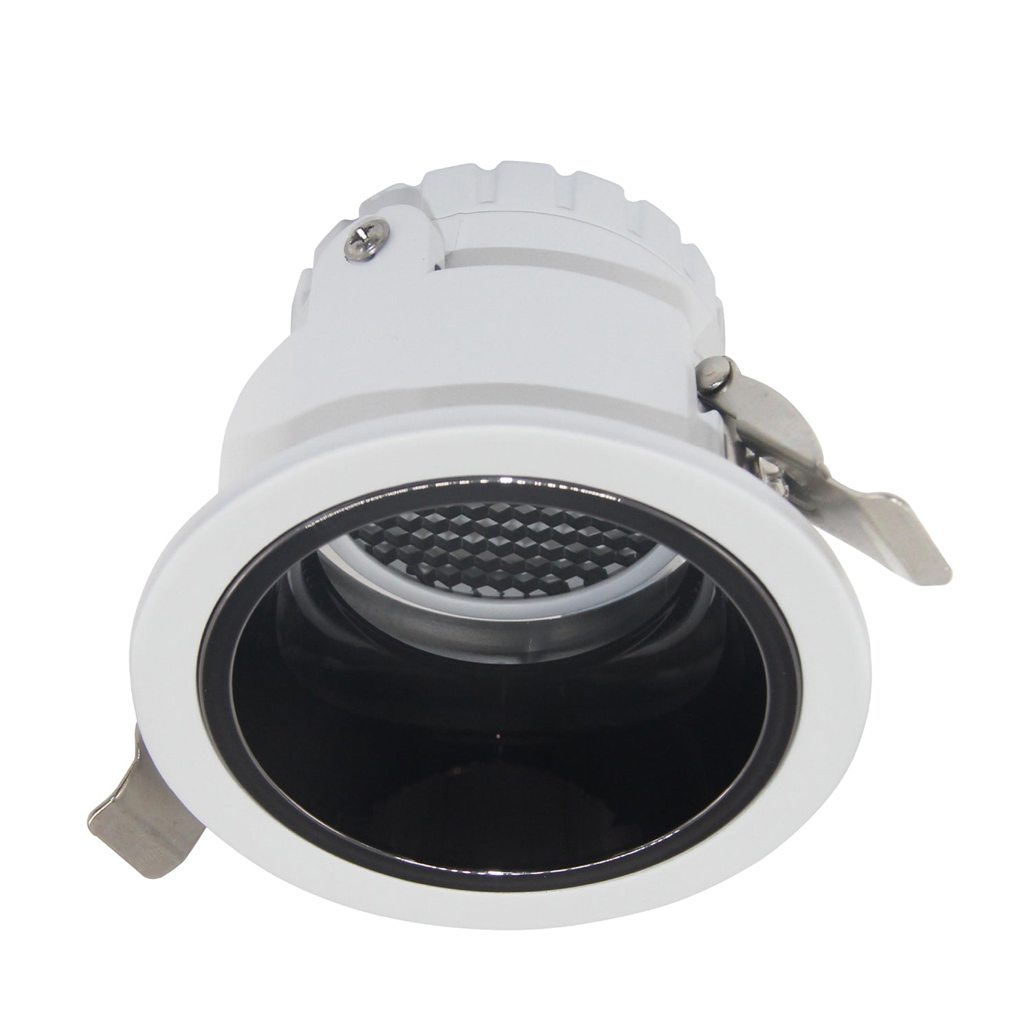 A white and gold anti-glare aluminum ceiling spotlight with a GU10 lamp base.