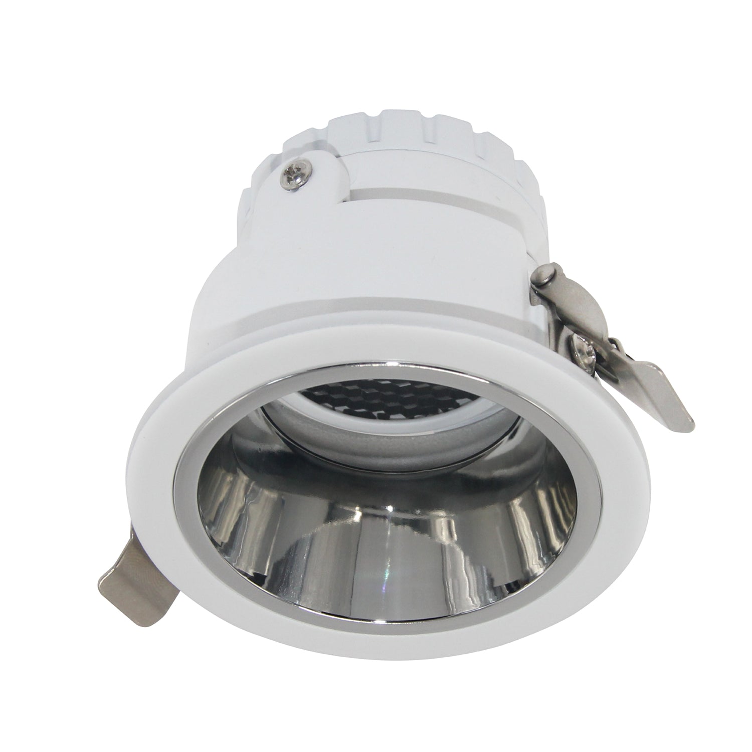 A white and gold anti-glare aluminum ceiling spotlight with a GU10 lamp base.