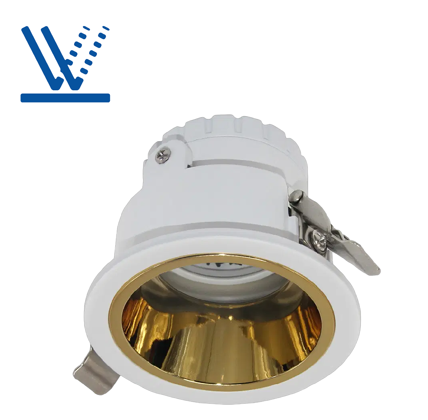 White and gold recessed ceiling light on a white background