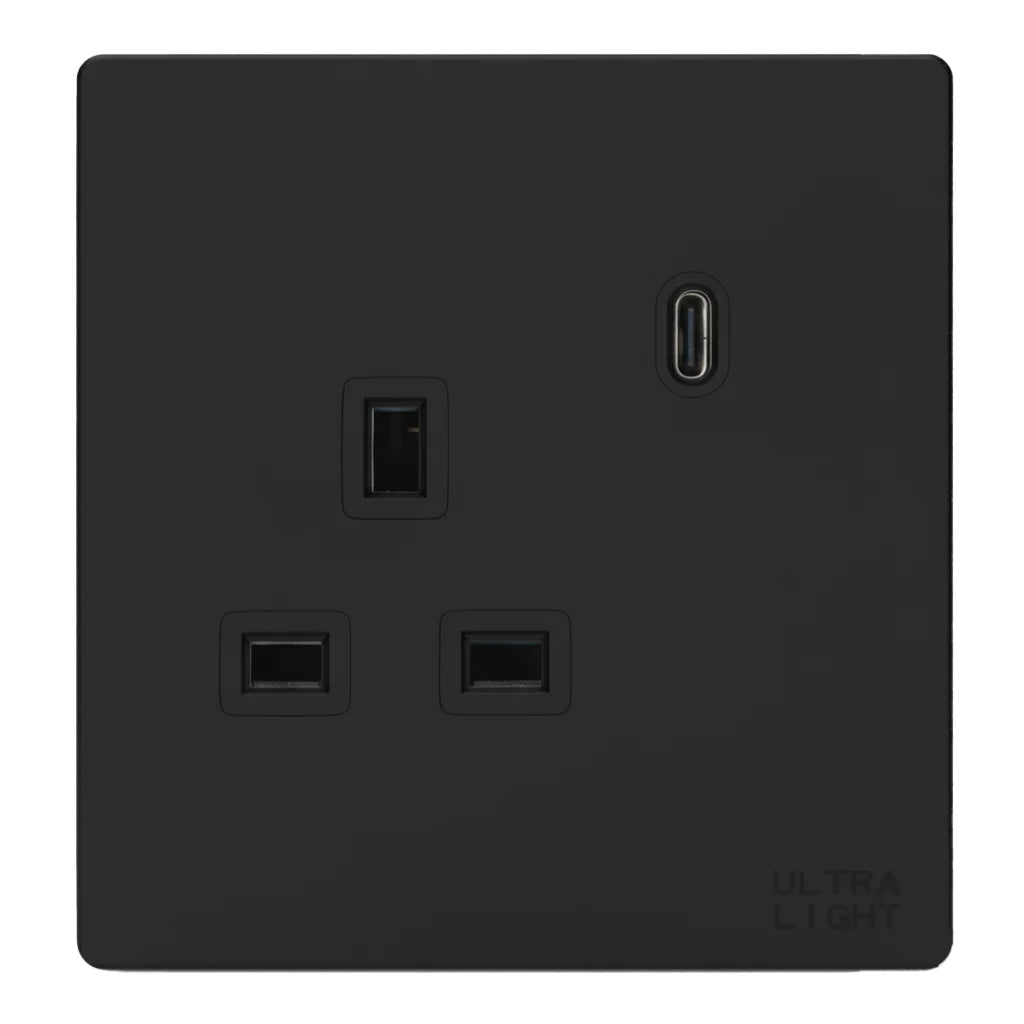 Black wall socket with USB port on a white background