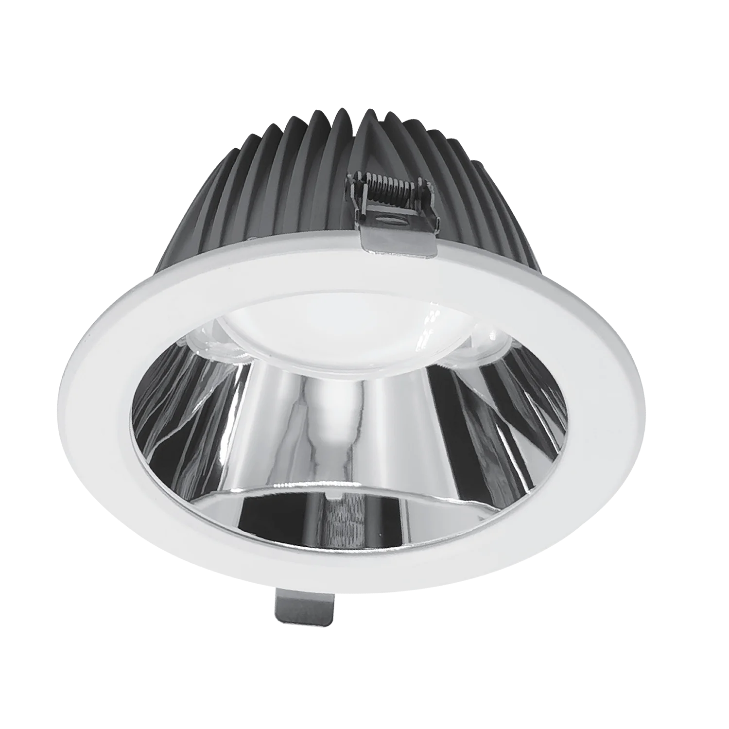 LED downlight with black housing and silver reflector on a white background