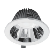 LED downlight with black housing and silver reflector on a white background