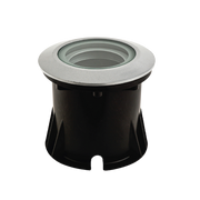 A silver recessed inground light with a transparent glass cover, made of corrosion-resistant aluminum, designed for outdoor lighting.