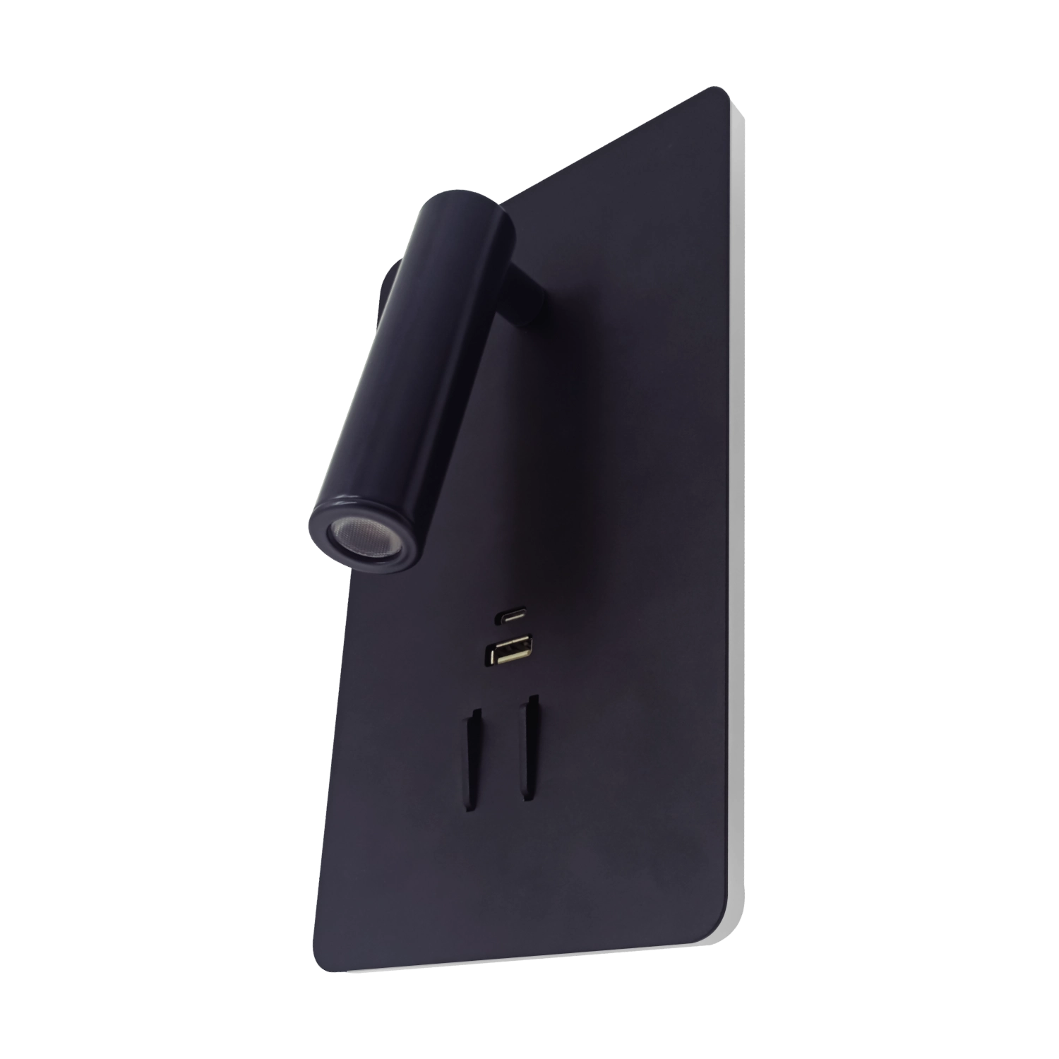 Black electronic device with a handle on a white background