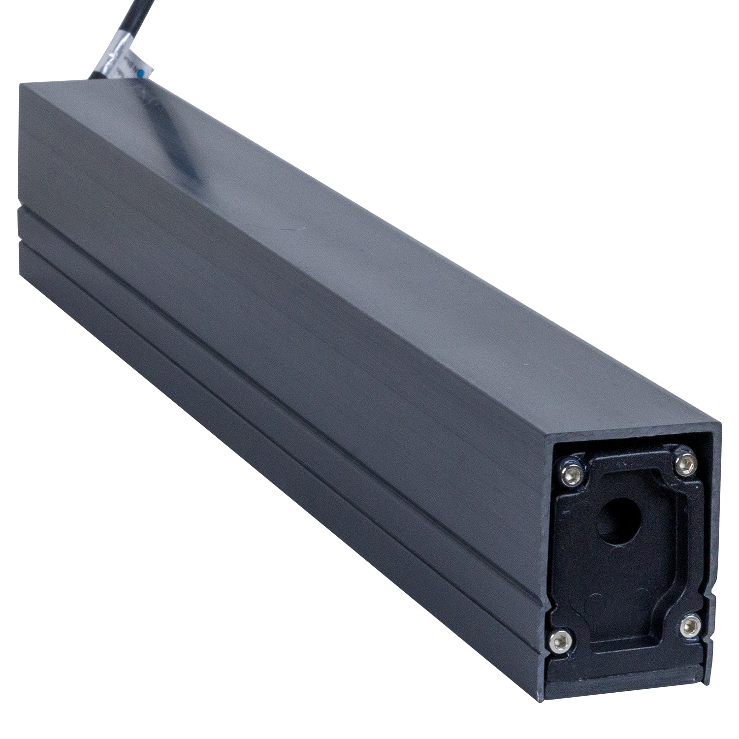 Black rectangular metal box with a cylindrical component on a white background