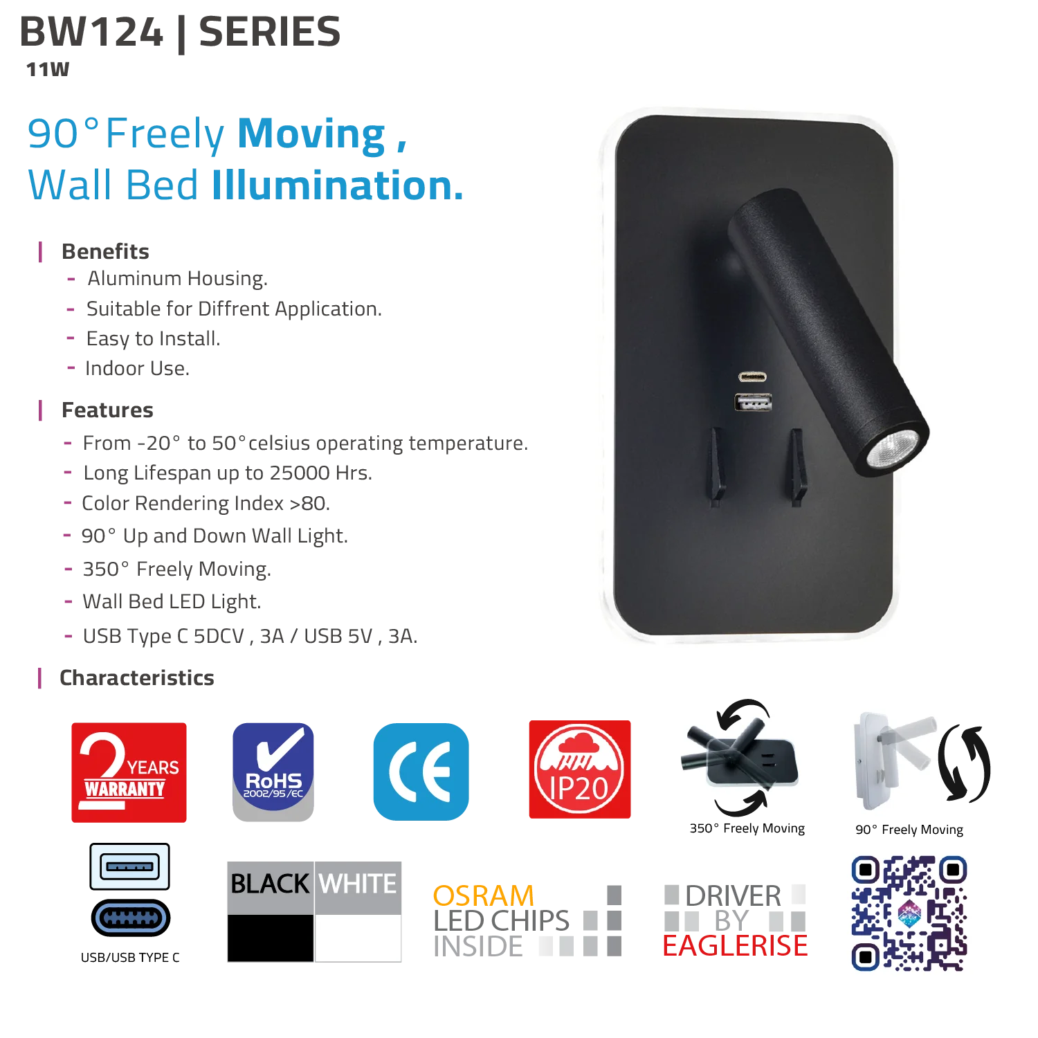 Black wall-mounted LED light with specifications and features on a white background