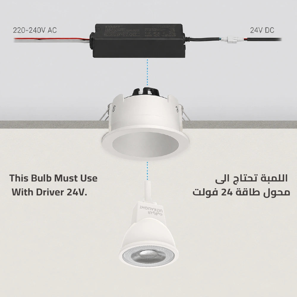 Ceiling light fixture with driver and bulb on a white background