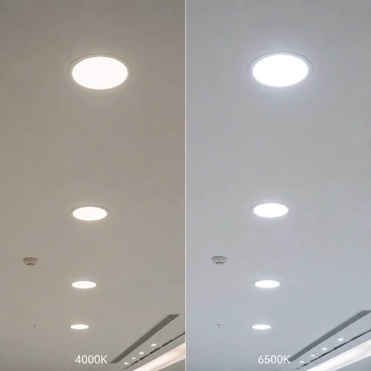 Comparison of two ceiling lights with different color temperatures on a neutral background.