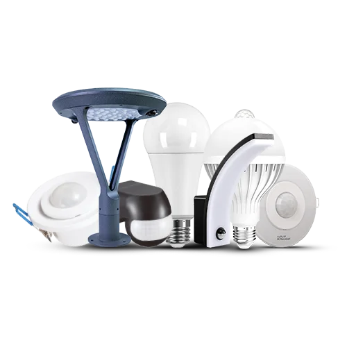 Collection of smart home devices including light bulbs and a sensor on a white background