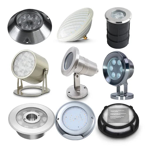 Collection of various LED lights on a white background