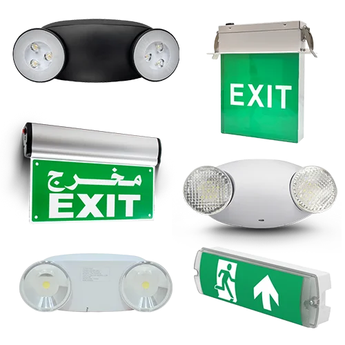 Collection of various exit signs and lights on a white background