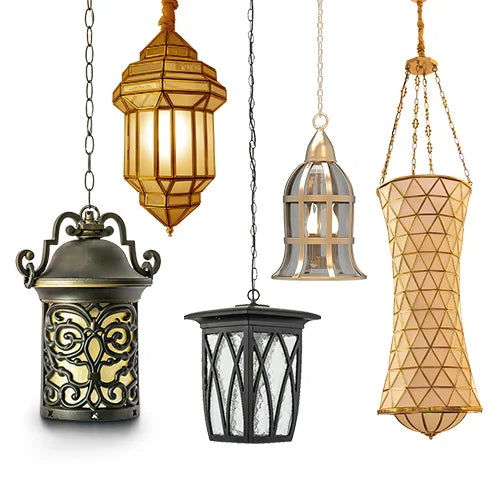 Collection of various hanging lanterns on a white background