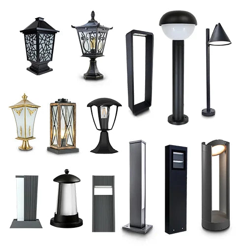 Collection of various outdoor lamps and lanterns on a white background