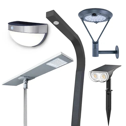 Collection of various outdoor solar lights on a white background