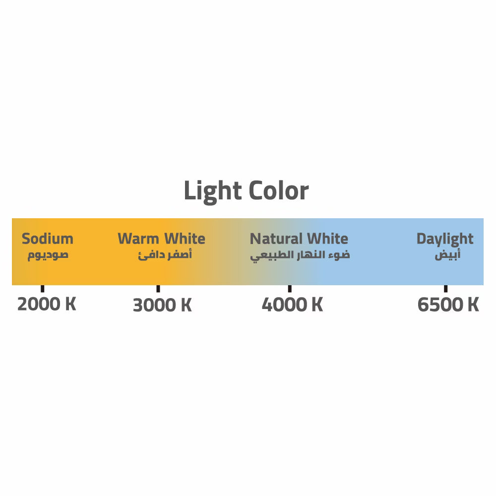 Color temperature scale for light color with labels and temperatures.