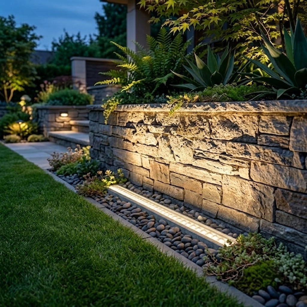 Decorative stone wall with embedded lights in a garden setting