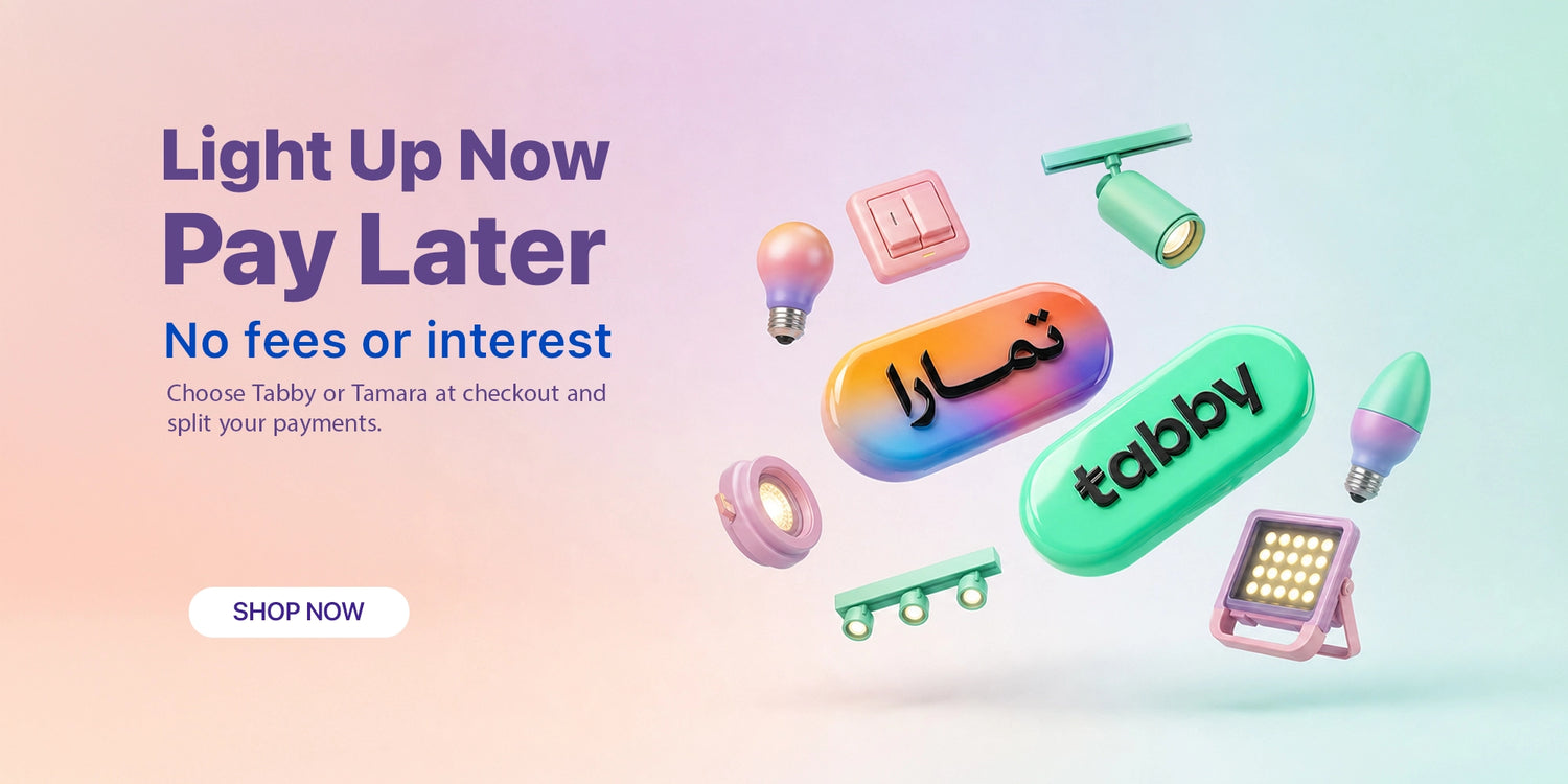 منتجات إضاءة ملونة تحمل علامة ”تابي و تمارا“ التجارية على خلفية متدرجة الألوان
