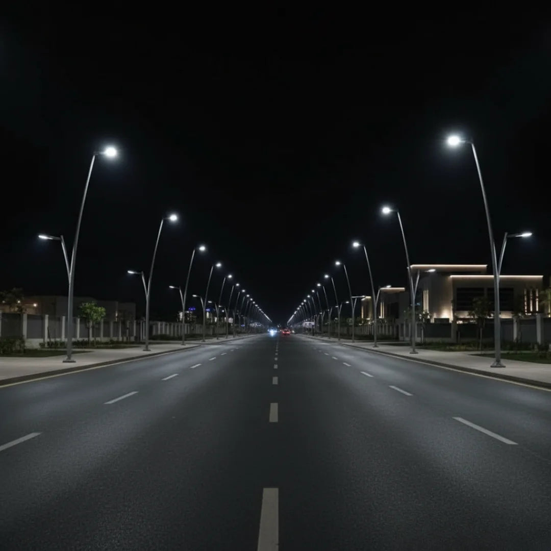 Empty road at night with streetlights on a clear sky