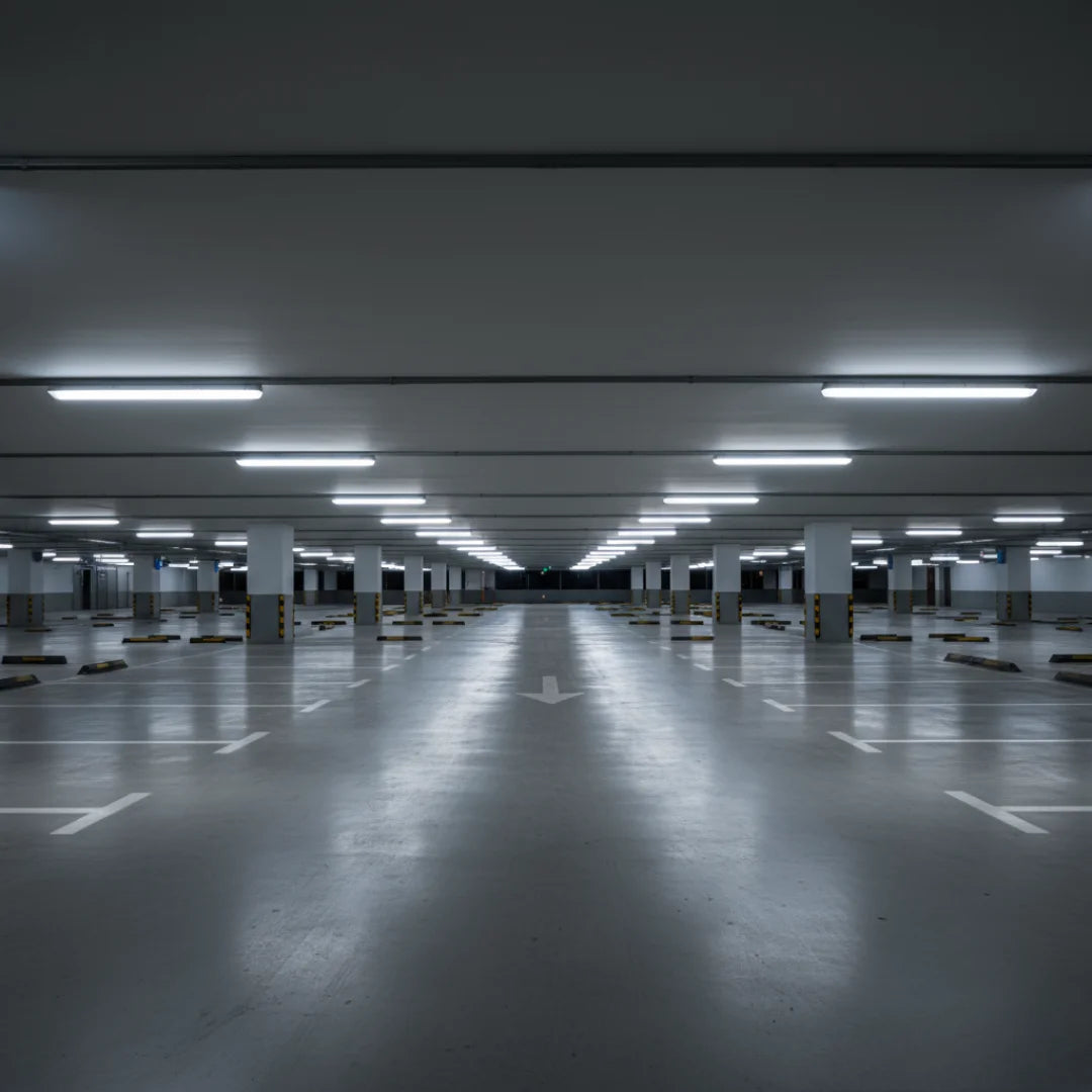Empty underground parking garage with concrete floor and white lines.