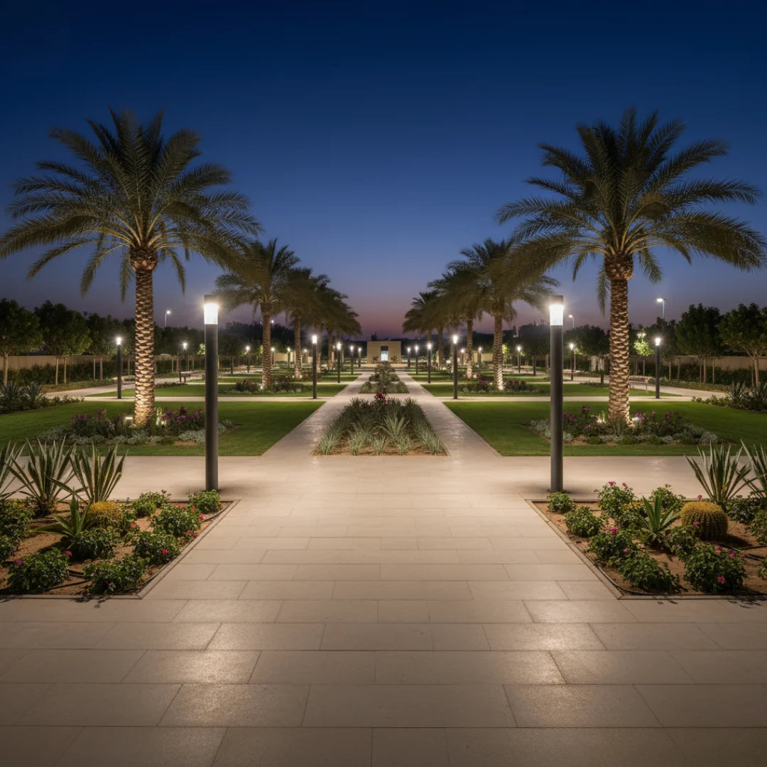 Evening view of a garden with palm trees and illuminated pathways.