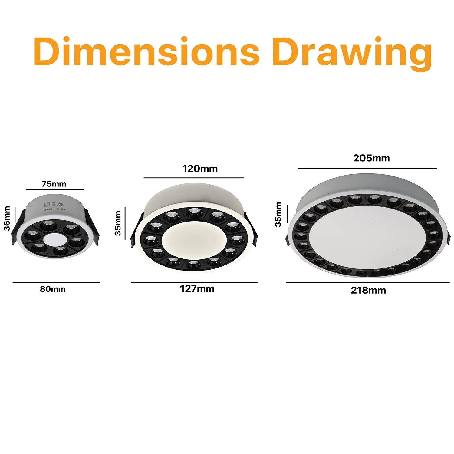 Ultralight Modern Recessed LED Ceiling Light FDS370 showing three sizes with detailed dimensions in millimeters.