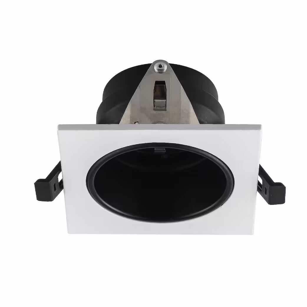 Square recessed ceiling light with black interior on a white background