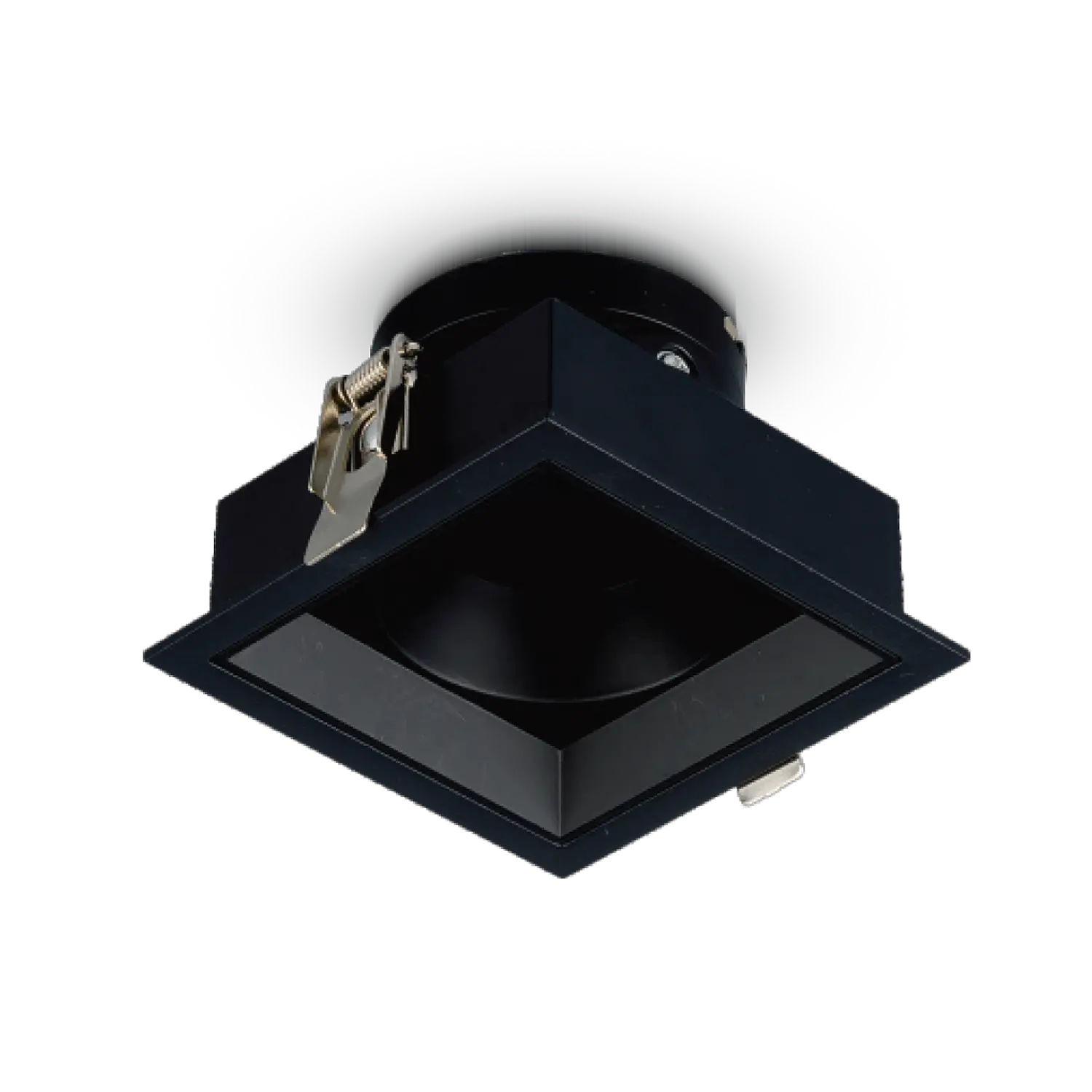 A white, square-shaped, anti-glare aluminum spotlight with a black lens, designed for interior lighting.