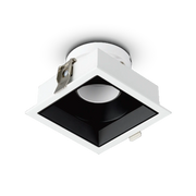 A white, square-shaped, anti-glare aluminum spotlight with a black lens, designed for interior lighting.
