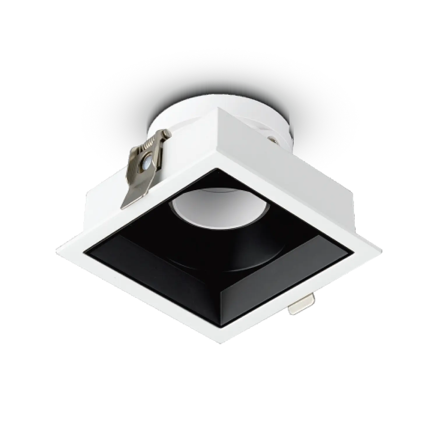 A white, square-shaped, anti-glare aluminum spotlight with a black lens, designed for interior lighting.
