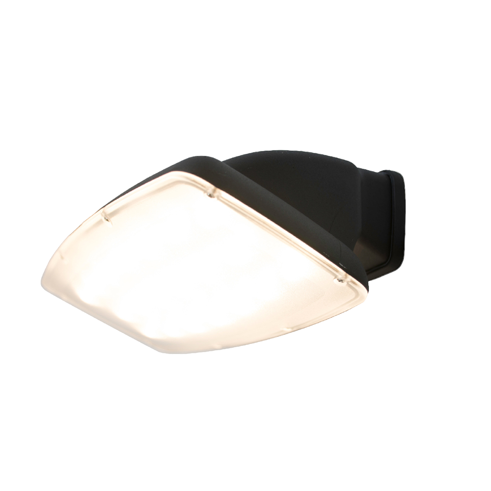 An Ultralight LED wall light fixture with a black base and clear lens.