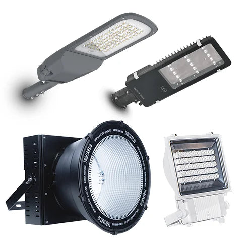 Four different types of LED street lights on a white background