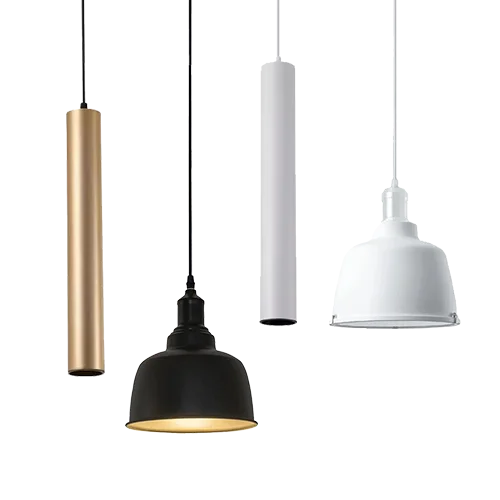 Four pendant lights in different styles on a white background