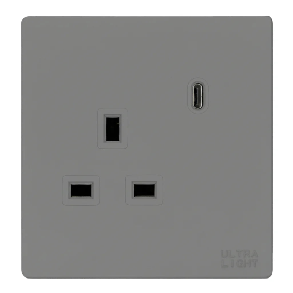 Gray electrical socket with USB port on a white background