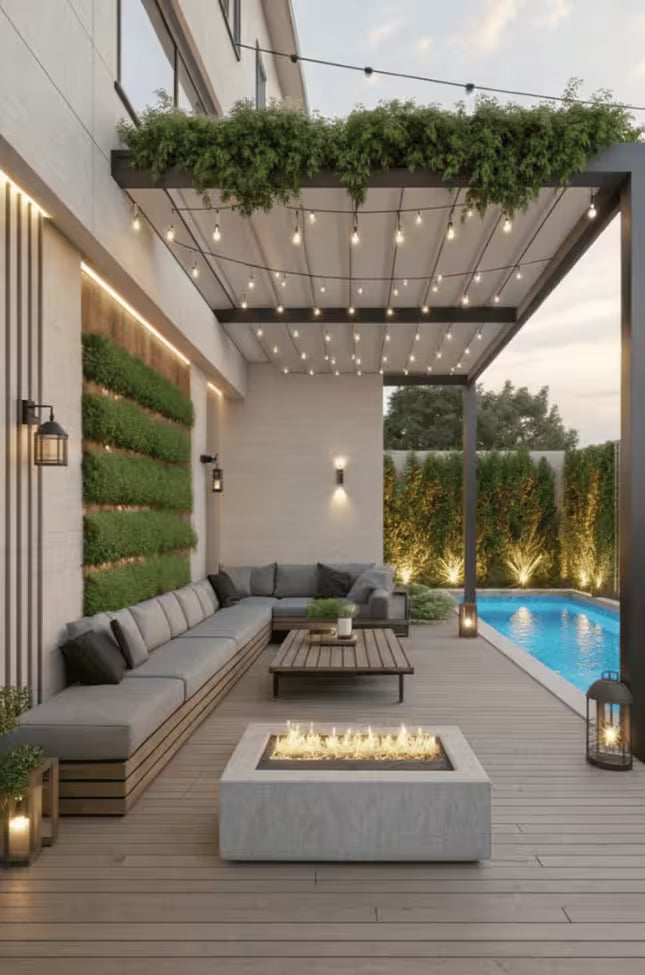 Modern outdoor patio with seating area, fire pit, and pool view.