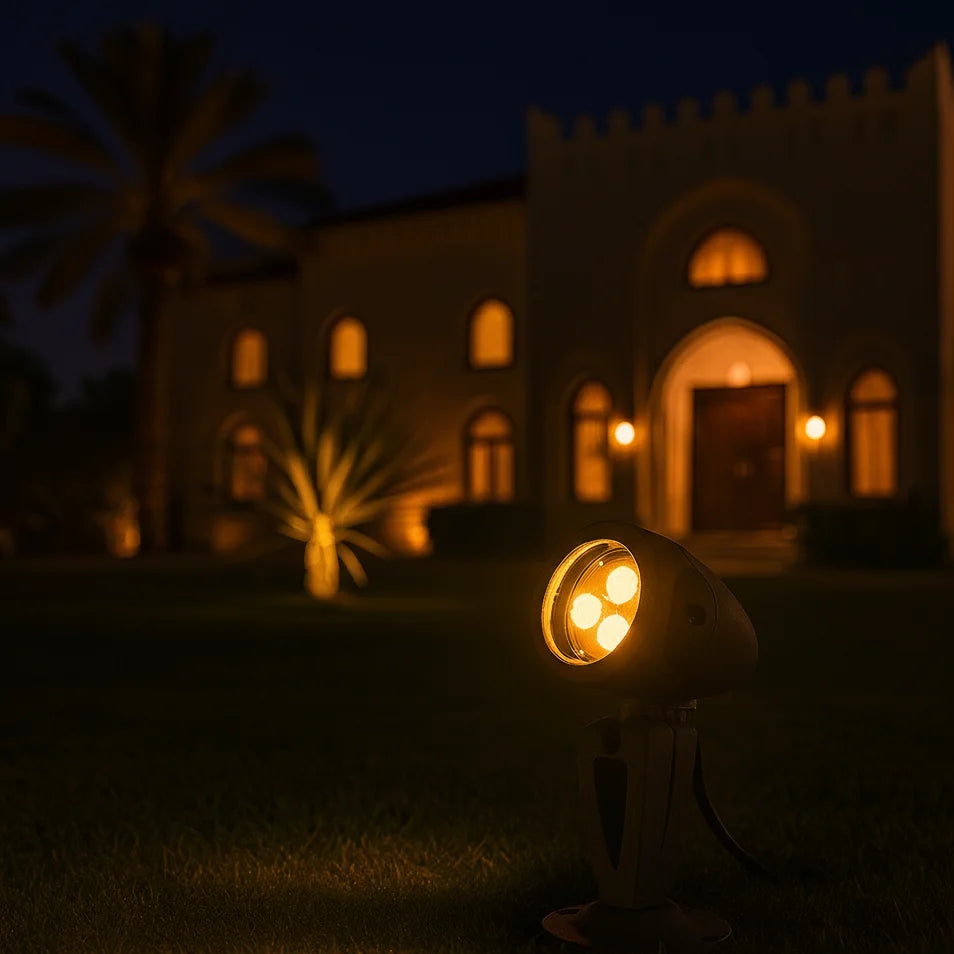 Outdoor light fixture in front of a building at night