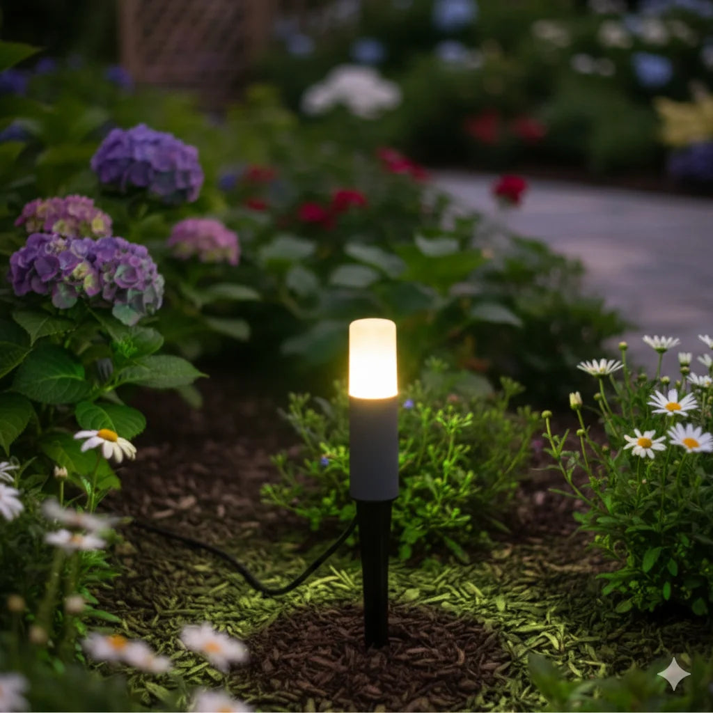 Garden light fixture in a garden with flowers and plants