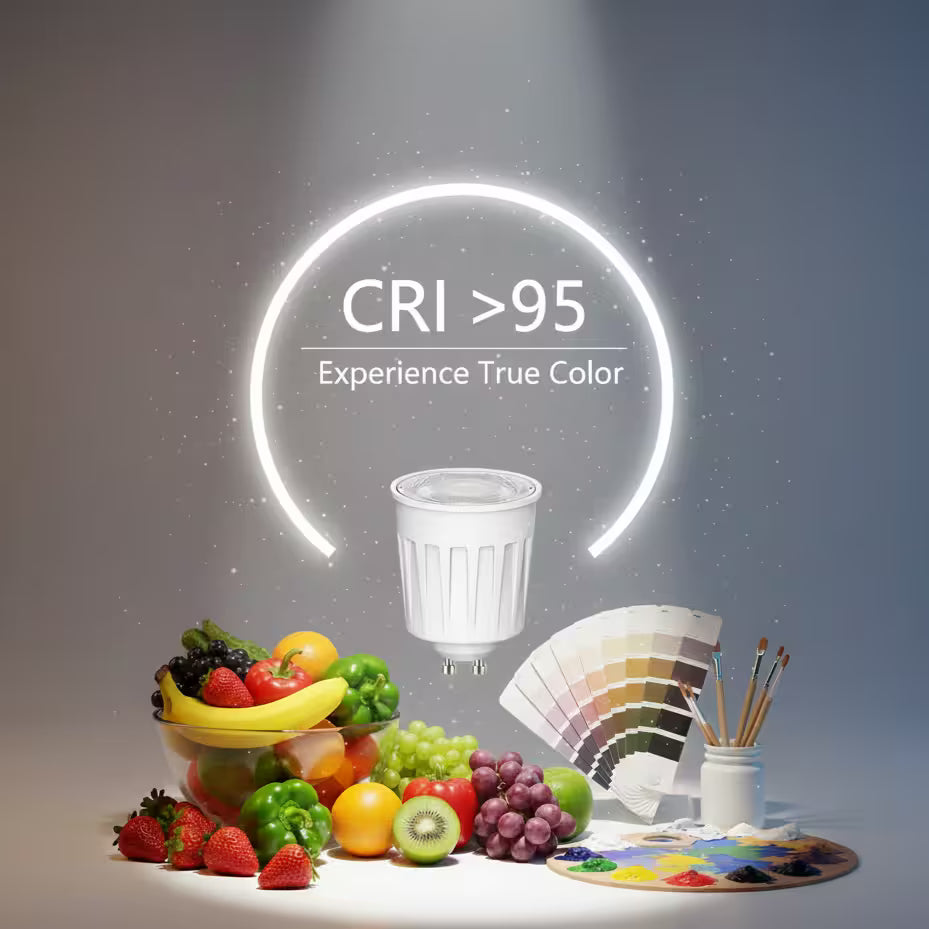 Light bulb with CRI >95 rating surrounded by fruits, vegetables, and a color swatch on a gray background