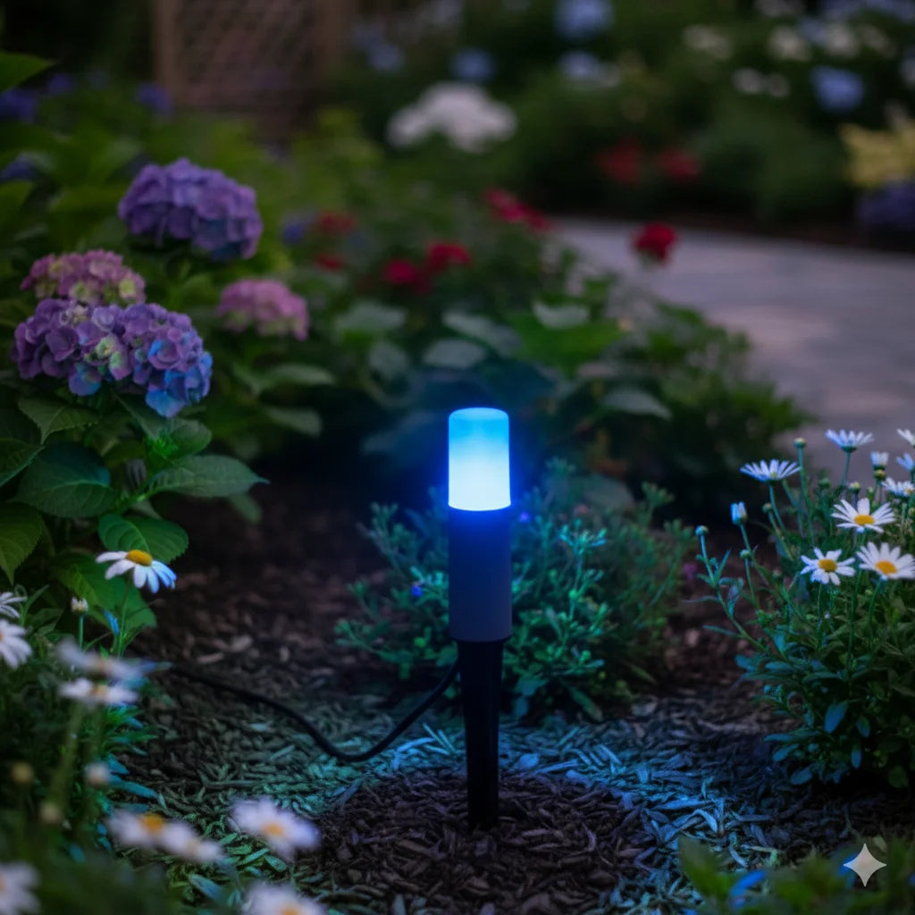 Blue LED light fixture in a garden with flowers and plants