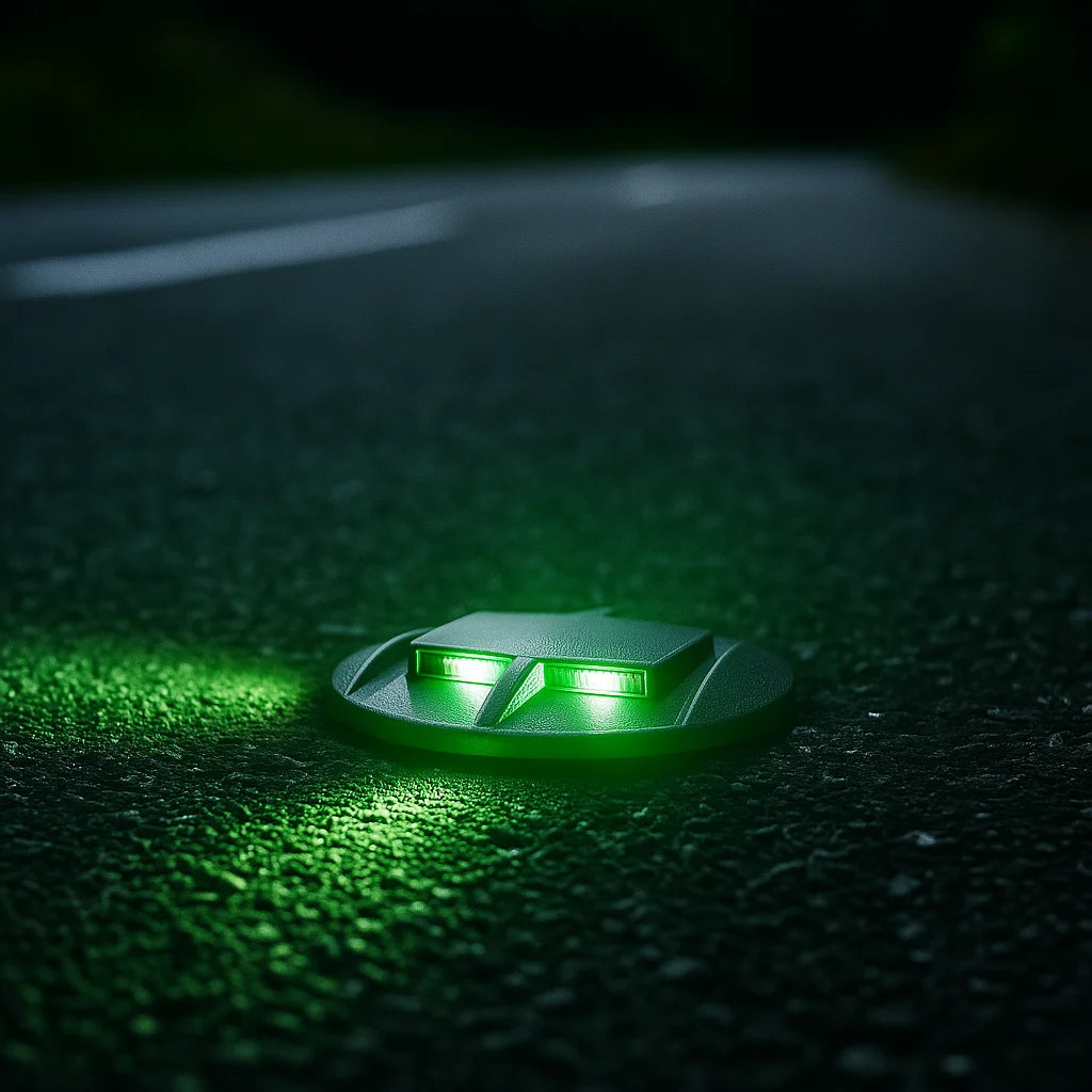 Green LED light on a dark surface