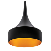 Modern pendant light with black and orange design on a white background