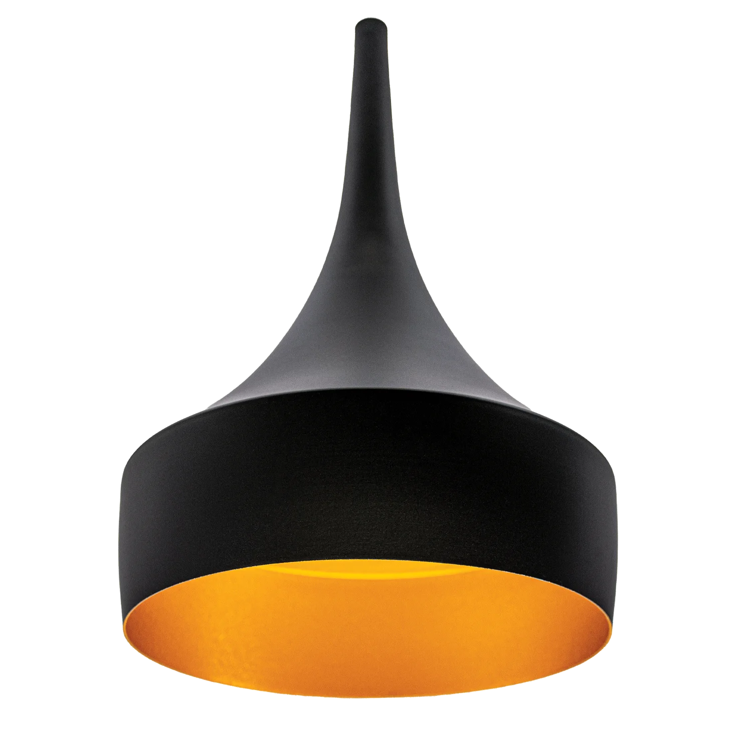 Modern pendant light with black and orange design on a white background